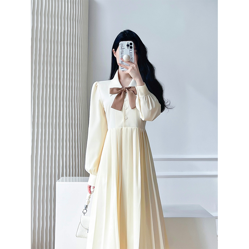 Pleated autumn dress France style long dress for women