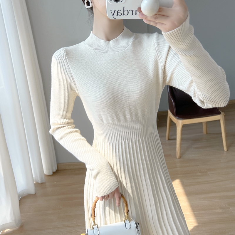 Half high collar long sweater dress knitted dress