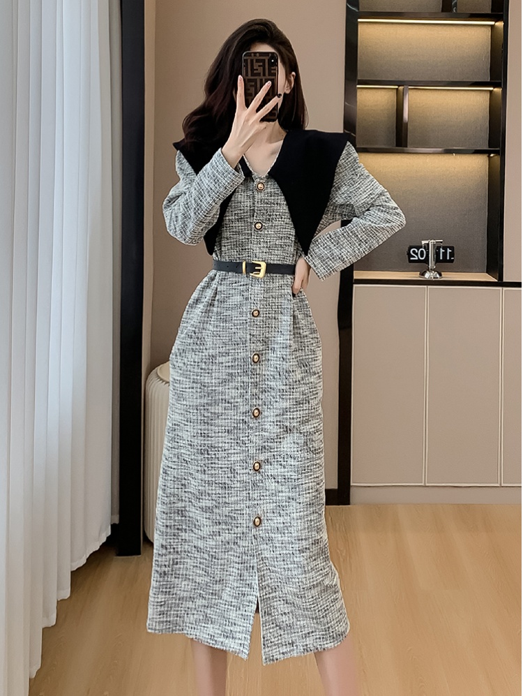 Retro A-line lotus leaf collar single-breasted dress