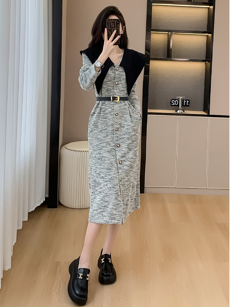 Retro A-line lotus leaf collar single-breasted dress