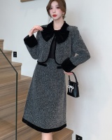 High waist woolen coat slim bow skirt 2pcs set