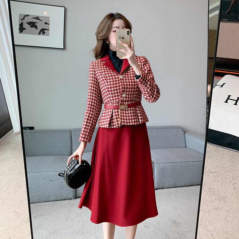 With belt light luxury coat red short skirt 2pcs set