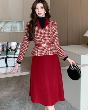 With belt light luxury coat red short skirt 2pcs set