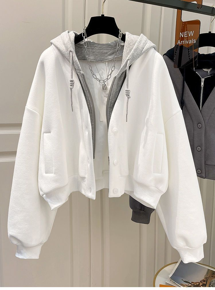 Splice short cardigan Pseudo-two hooded coat for women