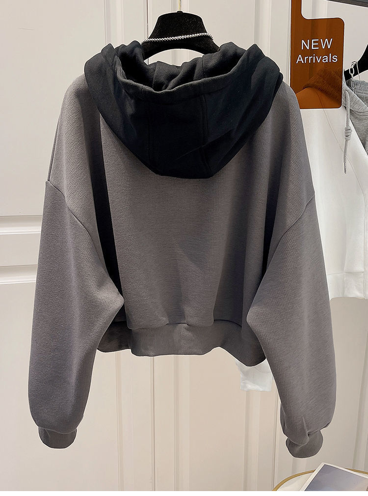 Splice short cardigan Pseudo-two hooded coat for women