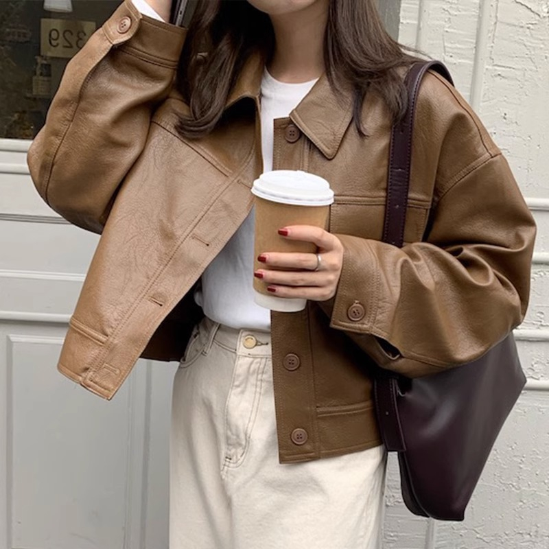 Handsome loose leather coat long sleeve jacket for women