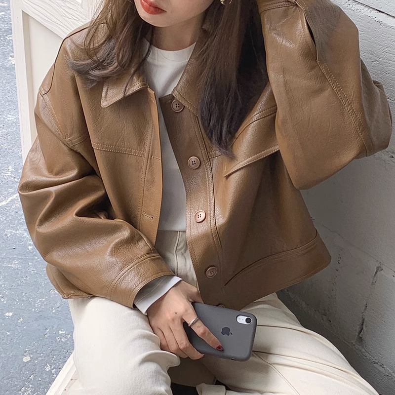 Handsome loose leather coat long sleeve jacket for women