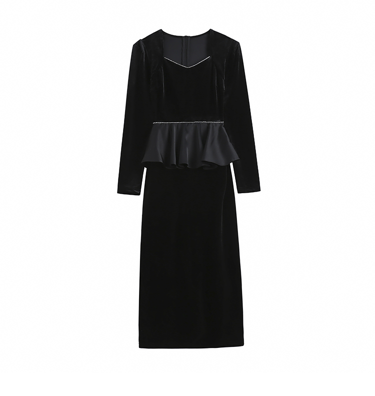 Black France style retro velvet slim ladies temperament dress