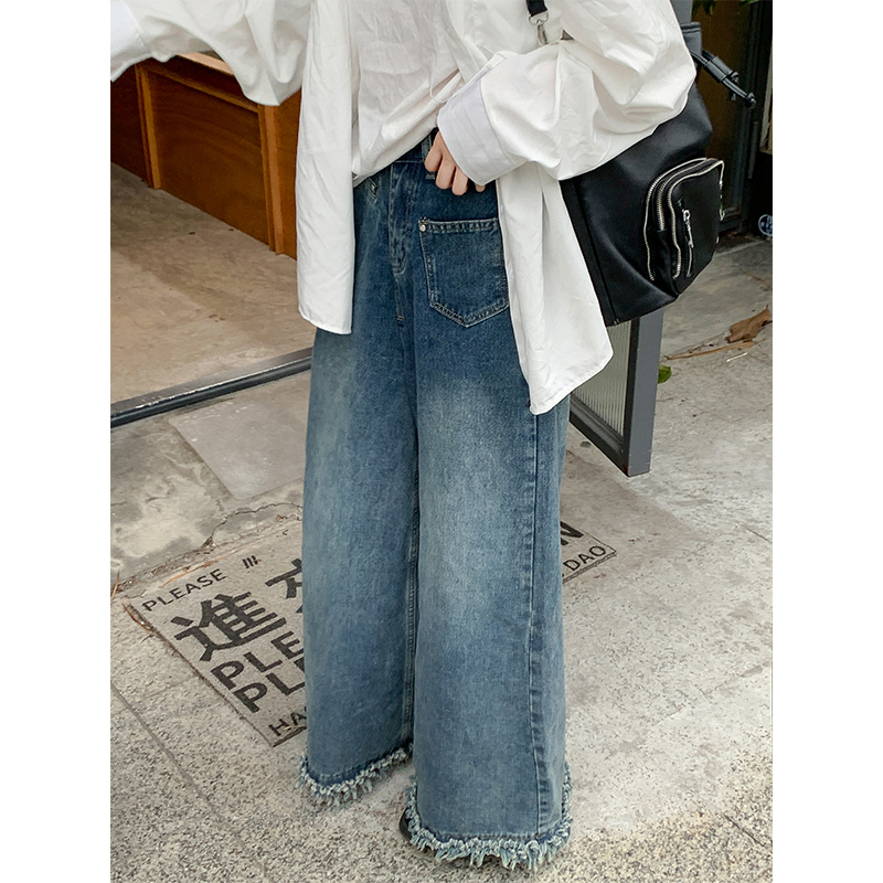 High waist retro straight denim large yard long pants for women