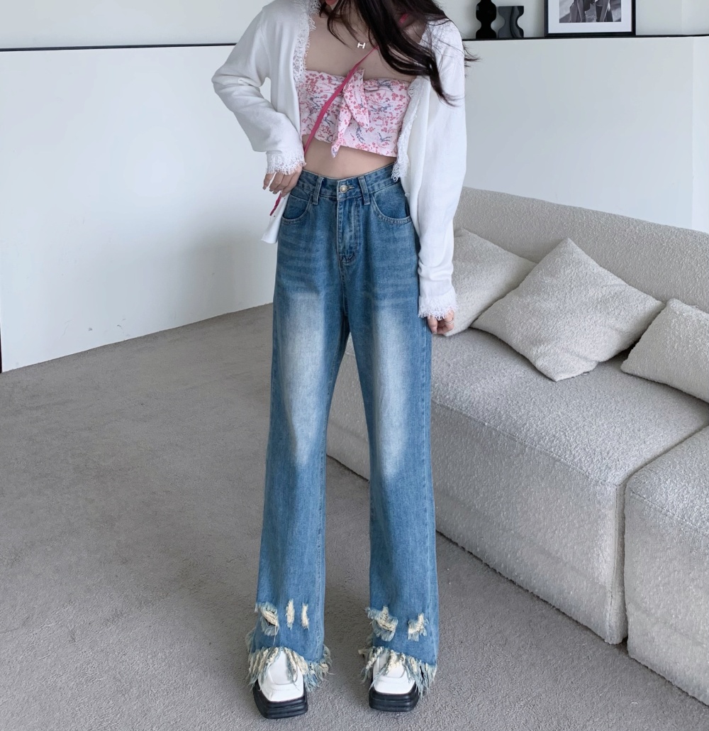 High waist loose long pants straight jeans for women