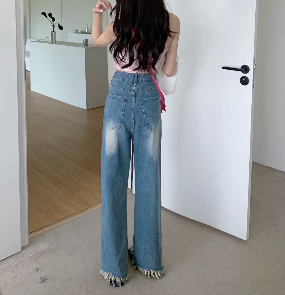 High waist loose long pants straight jeans for women