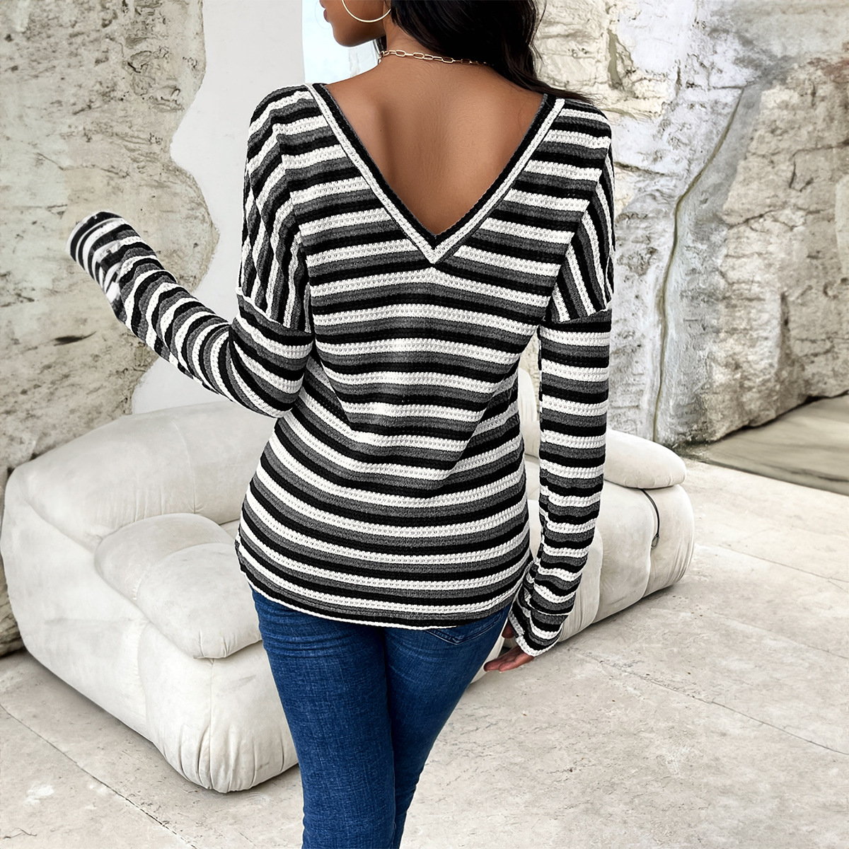 Casual stripe tops temperament round neck T-shirt for women