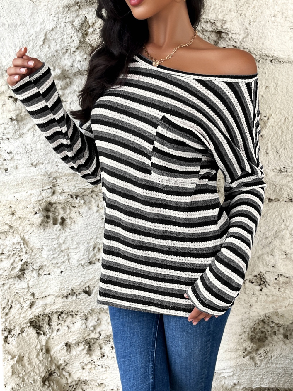 Casual stripe tops temperament round neck T-shirt for women