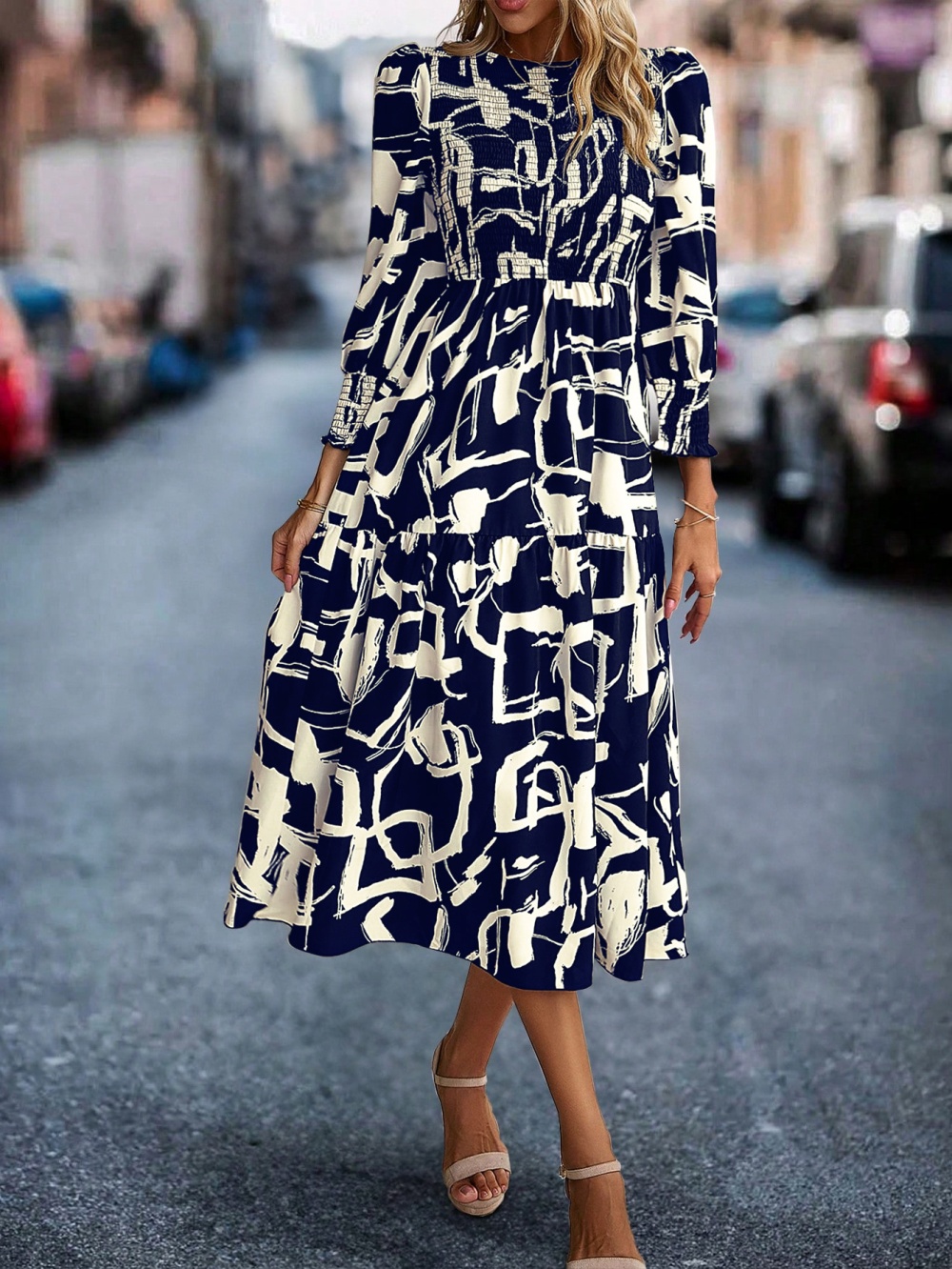 European style temperament printing dress for women
