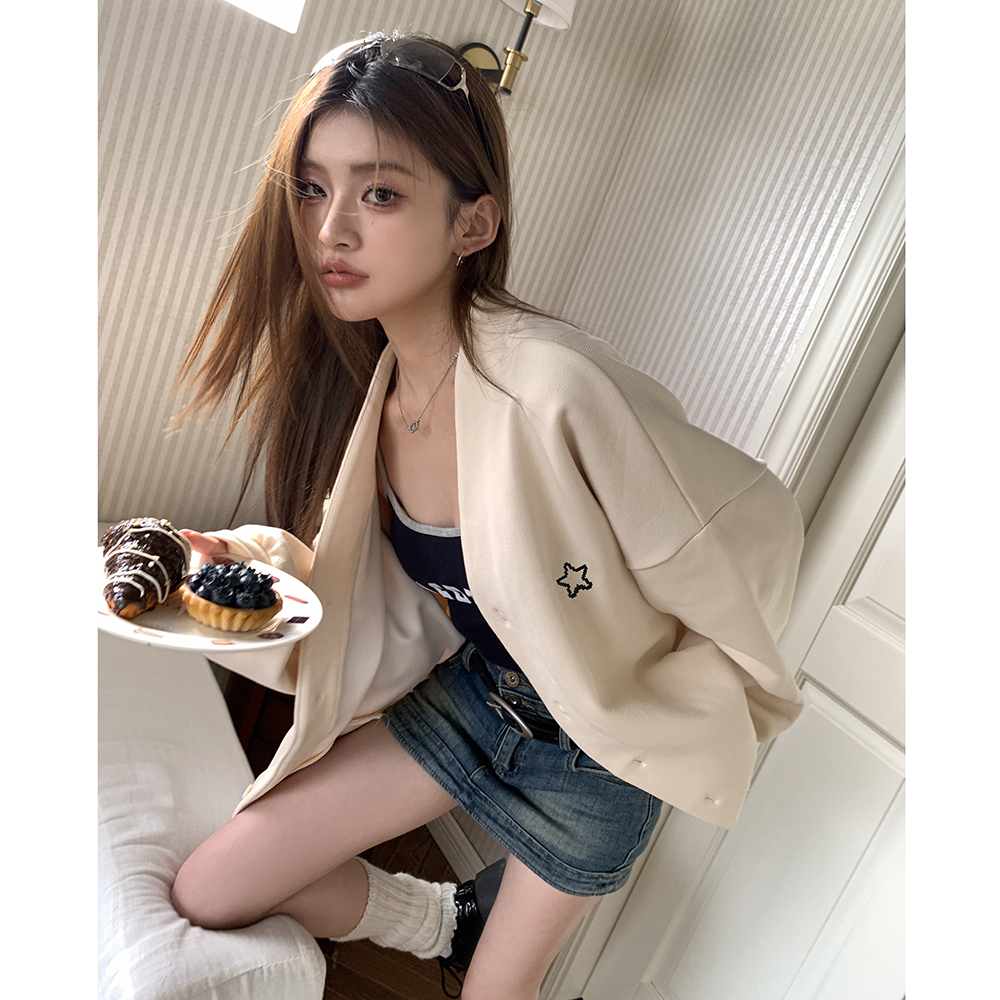 Embroidery loose buckle coat all-match autumn tops