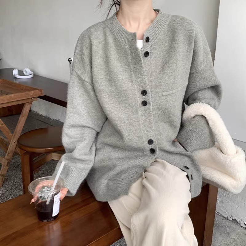 Gray loose cardigan knitted lazy sweater for women