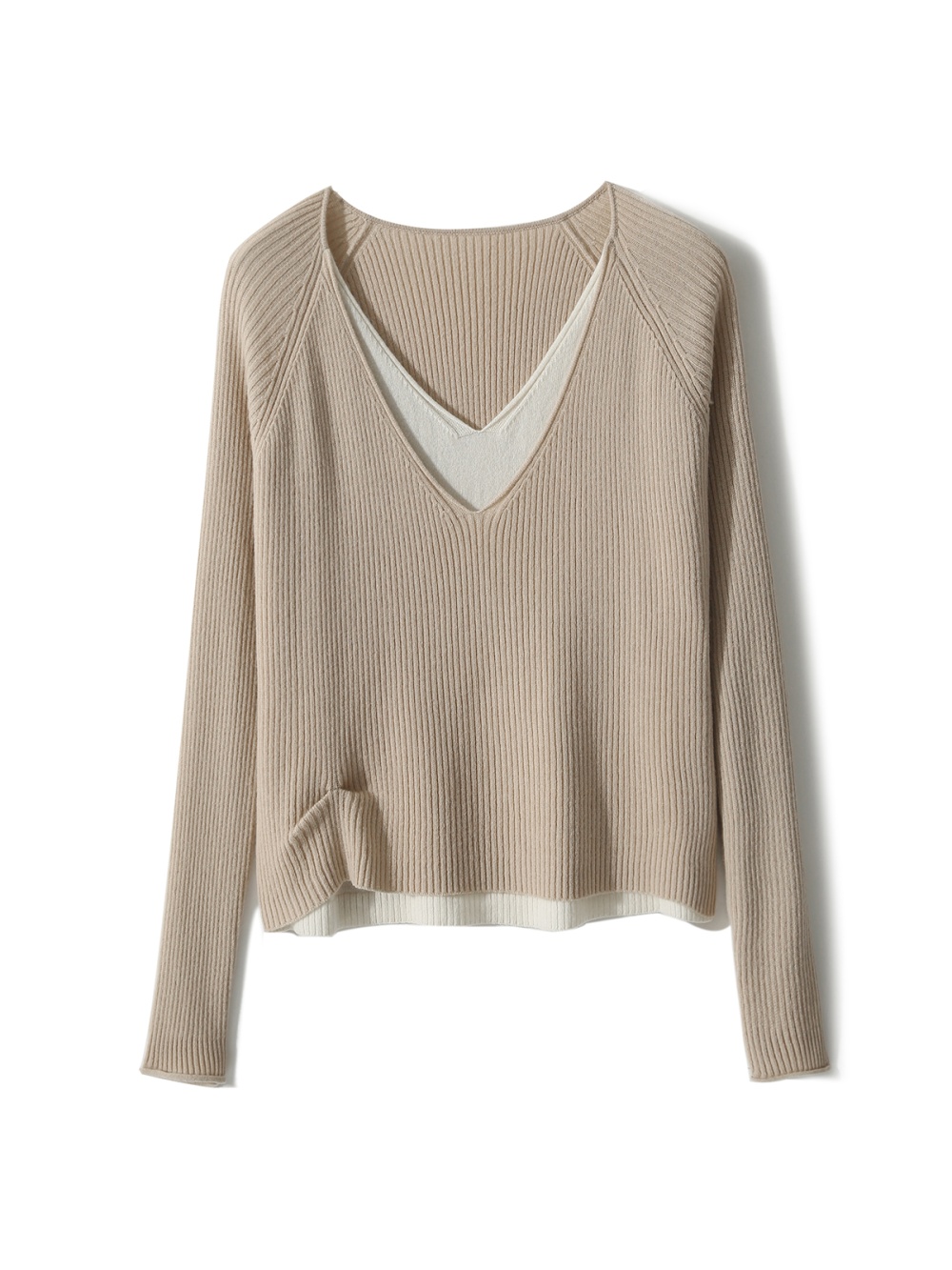Pseudo-two V-neck mixed colors cashmere wool sweater