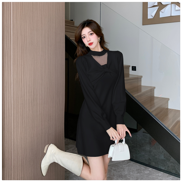 Knitted bow inside the ride slim temperament dress