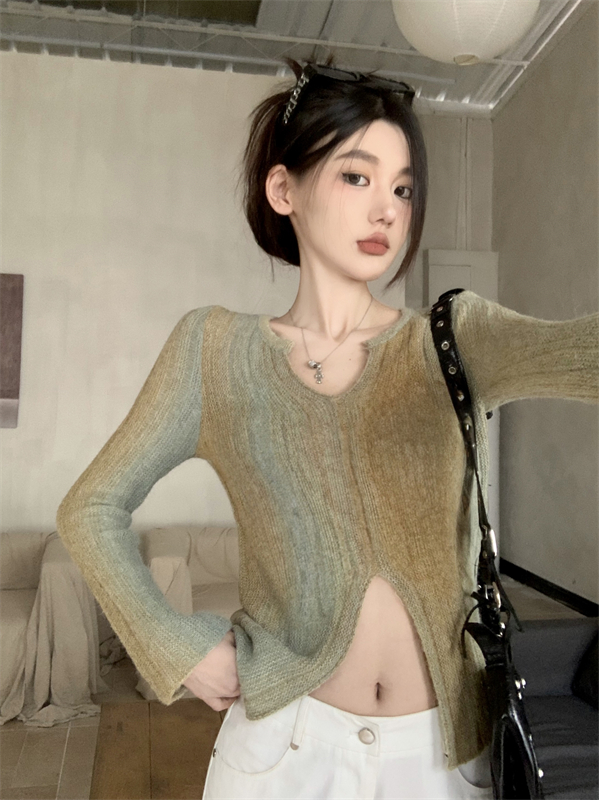 Mixed colors split sweater knitted bottoming shirt