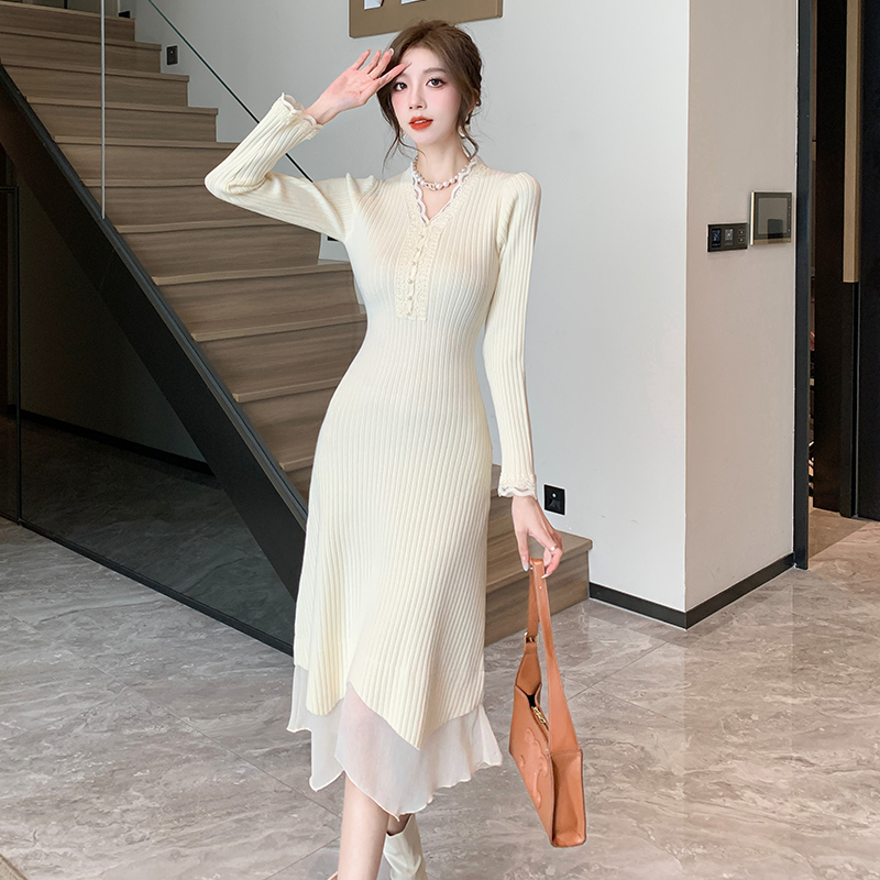 Long autumn and winter slim knitted bottoming dress for women