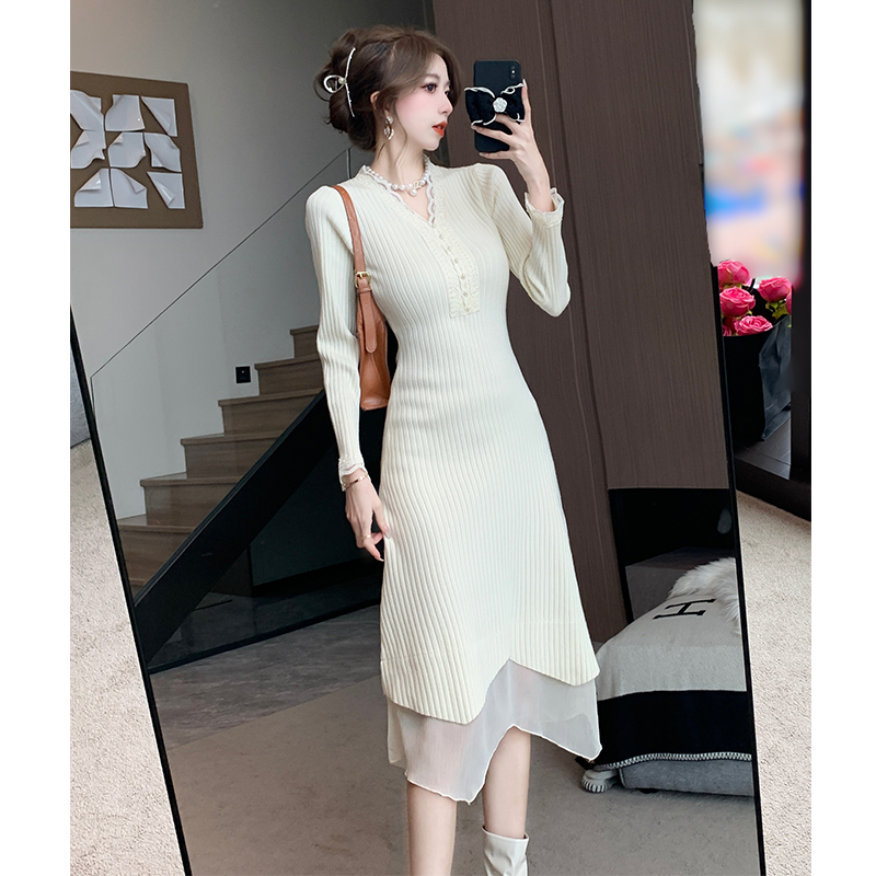 Long autumn and winter slim knitted bottoming dress for women