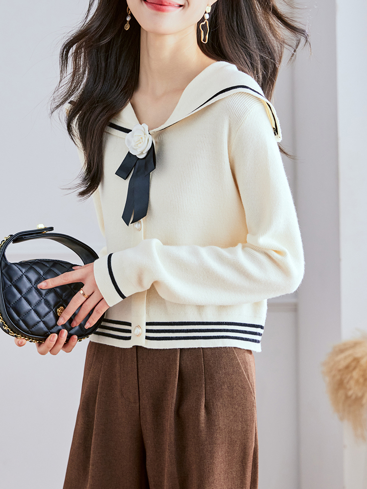 Navy collar fashion and elegant tops lapel sweater
