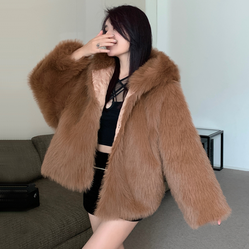 Long imitation of fox fur coat thick overcoat for women