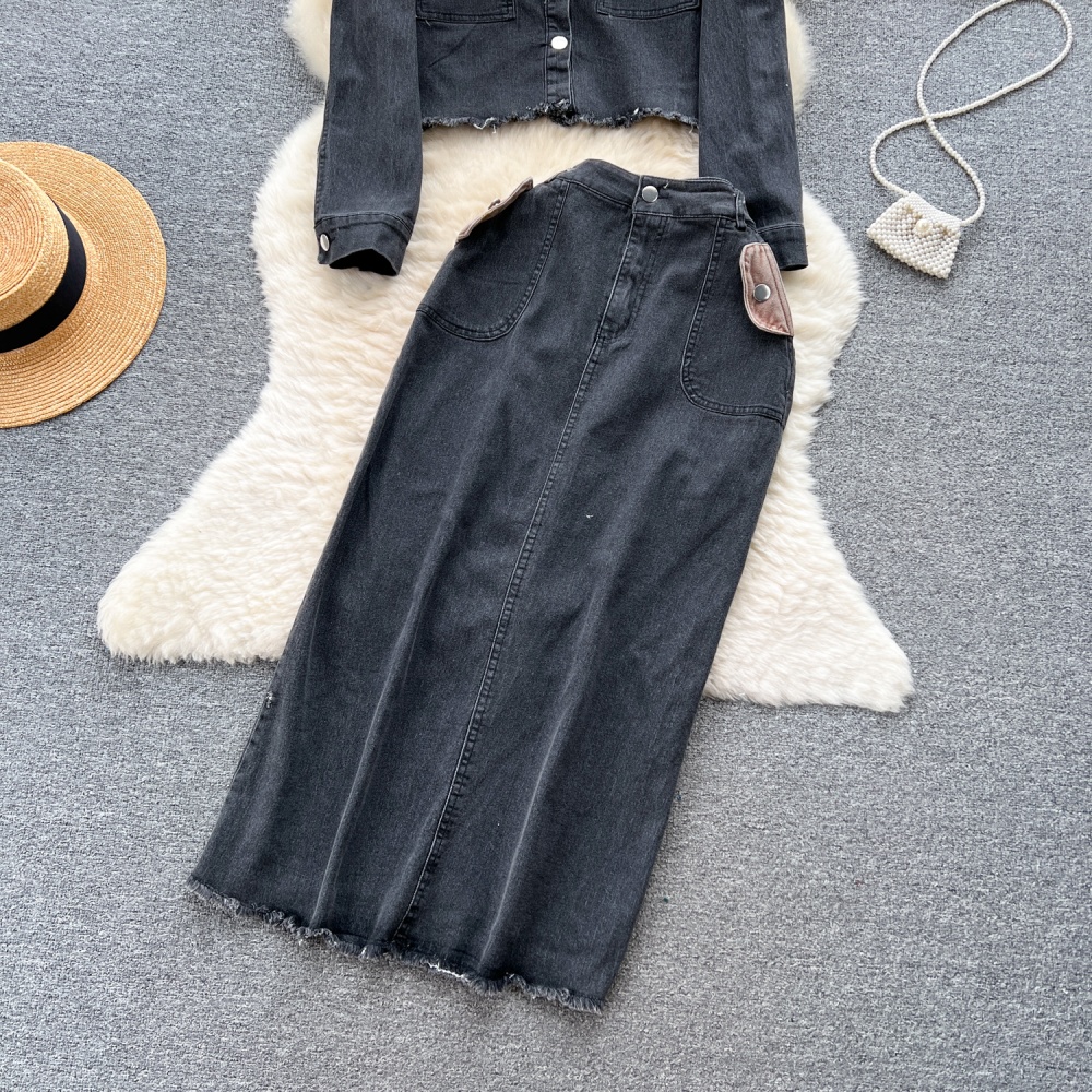 Autumn lapel coat short skirt 2pcs set for women
