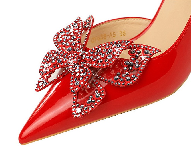 Bow rhinestone banquet high-heeled low shoes for women