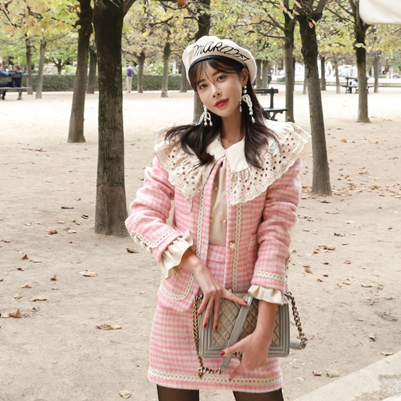 Slim A-line woolen coat Korean style short skirt 2pcs set