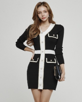 V-neck Korean style T-back splice autumn and winter dress