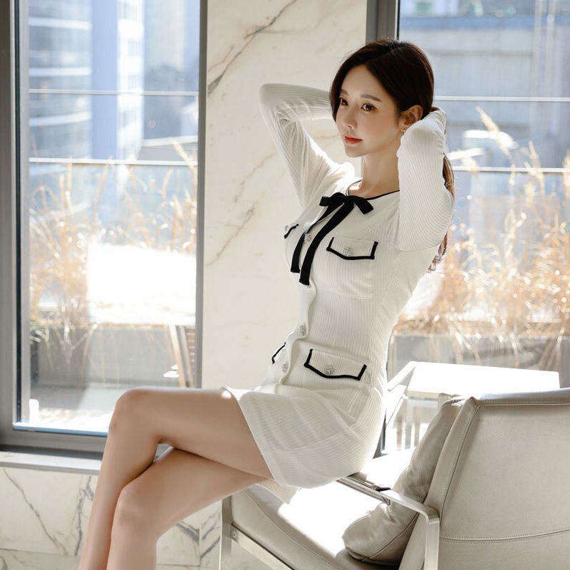 Long sleeve Korean style T-back knitted round neck dress
