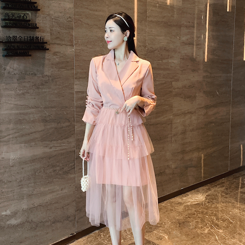 Pearl buckle splice dress gauze business suit for women