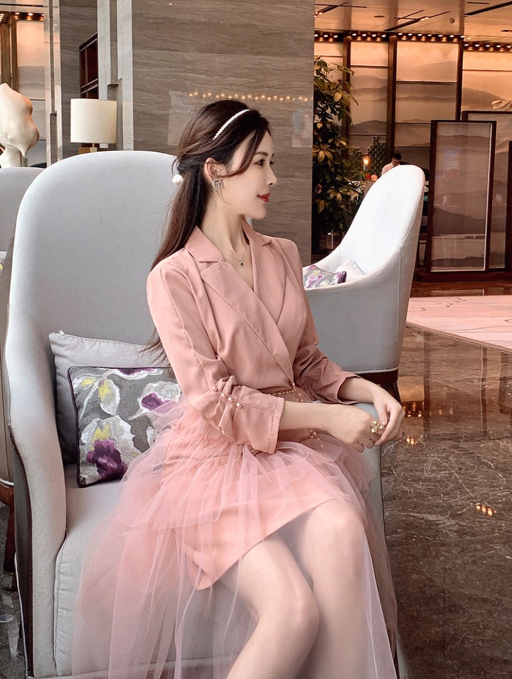 Pearl buckle splice dress gauze business suit for women