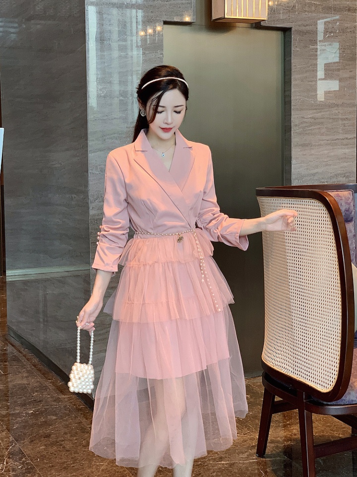 Pearl buckle splice dress gauze business suit for women