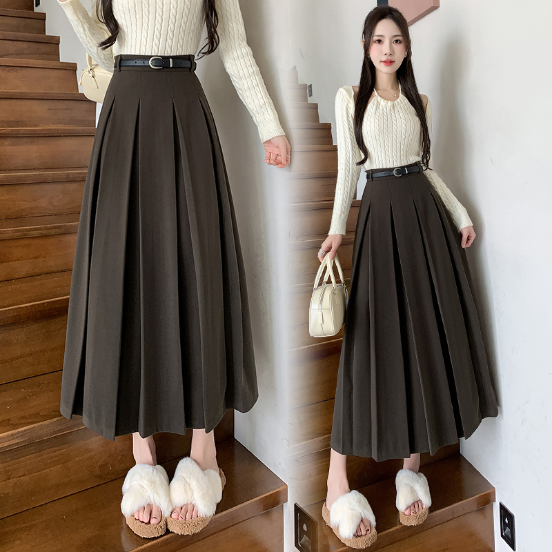Pleated A-line winter high waist woolen skirt for women
