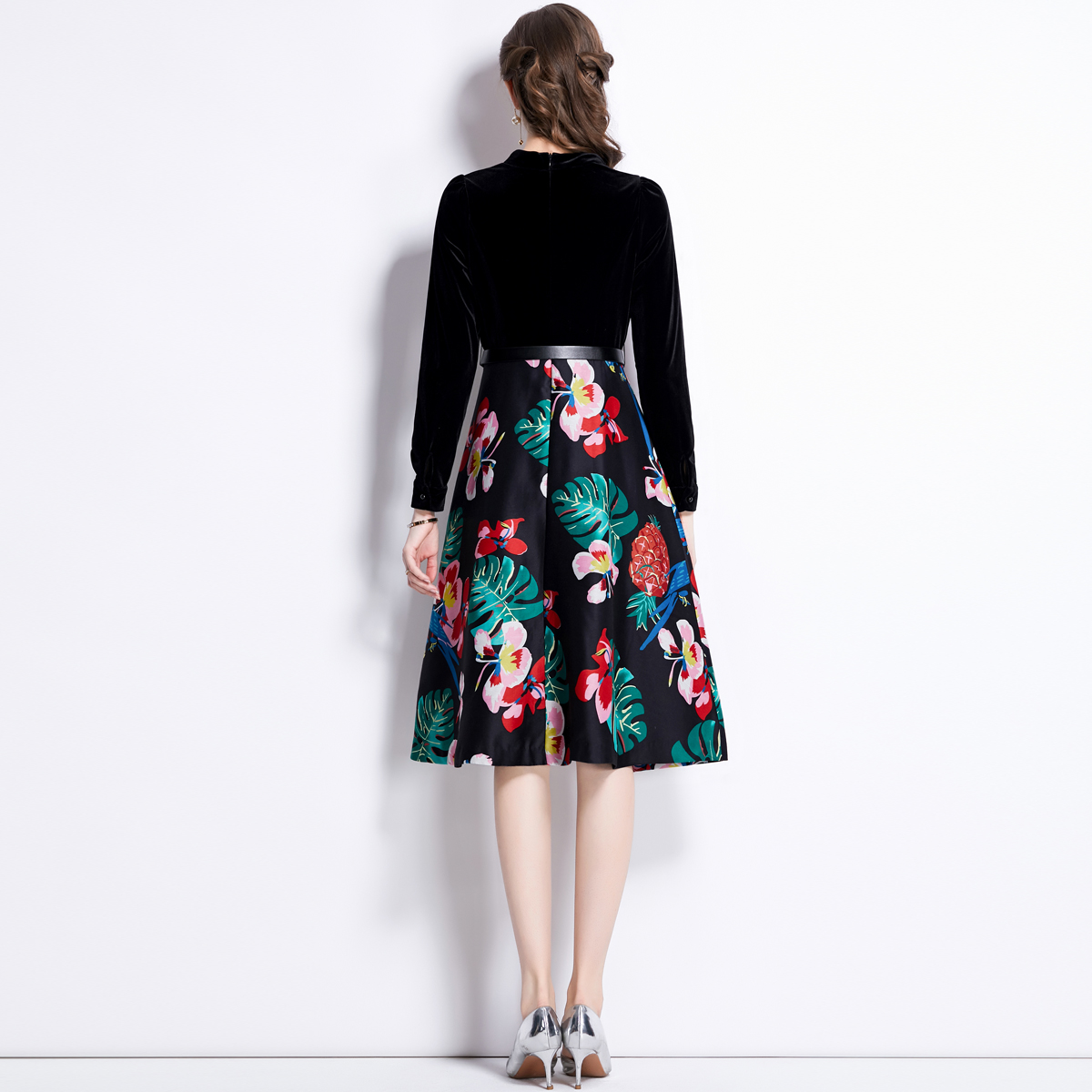 A-line autumn printing V-neck big skirt high waist dress