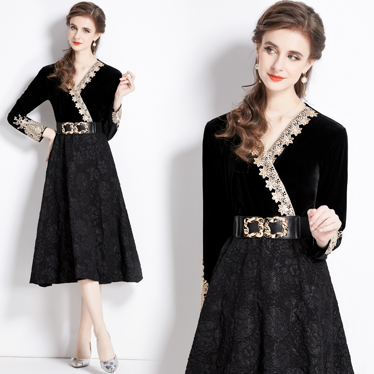 Jacquard velvet retro lace dress for women