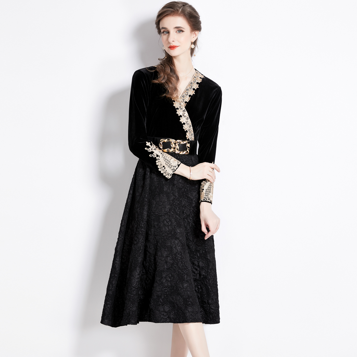 Jacquard velvet retro lace dress for women