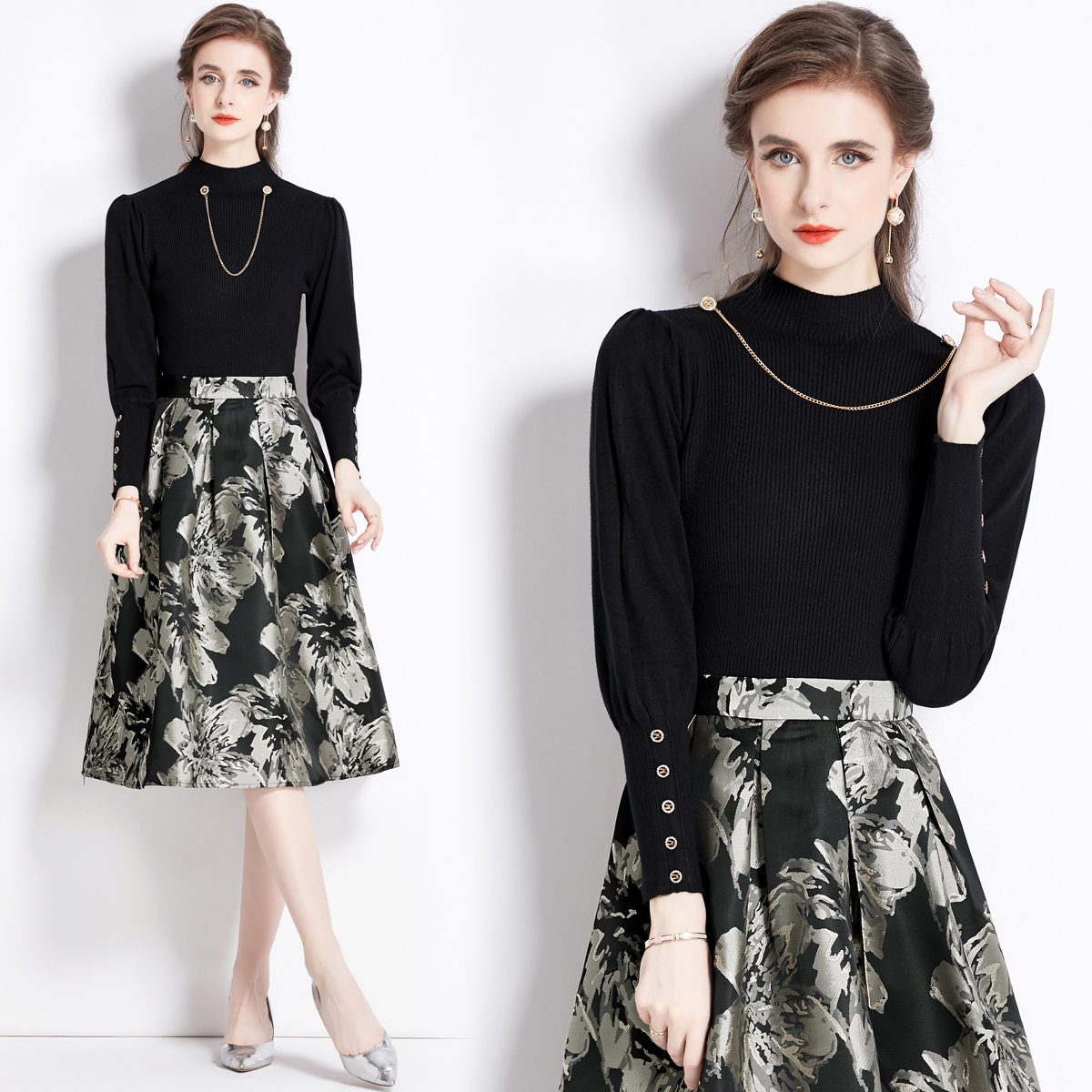 Hepburn style autumn sweater retro slim skirt 2pcs set