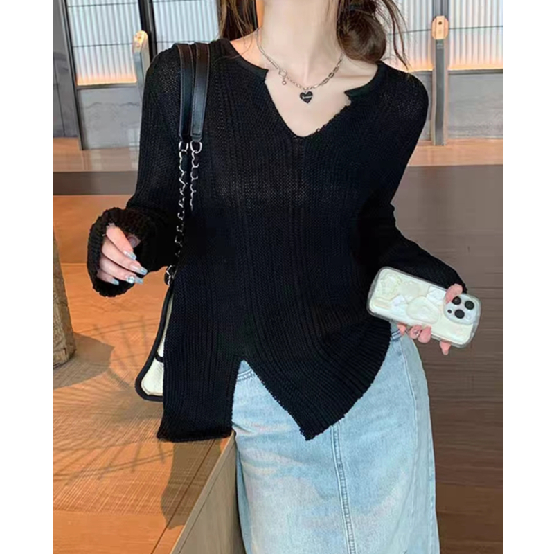 V-neck knitted thin sweater autumn niche long sleeve tops