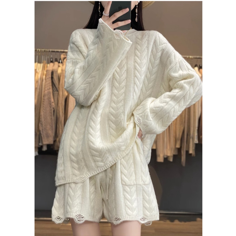 Loose Casual lazy shorts colors knitted sweater 2pcs set