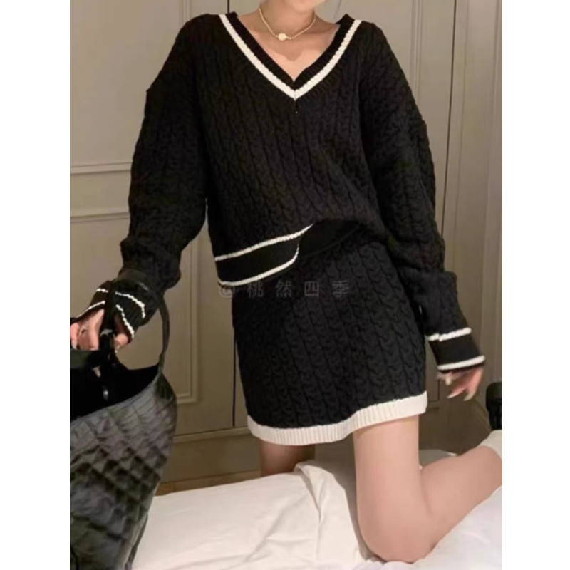 V-neck sweater high waist skirt 2pcs set for women