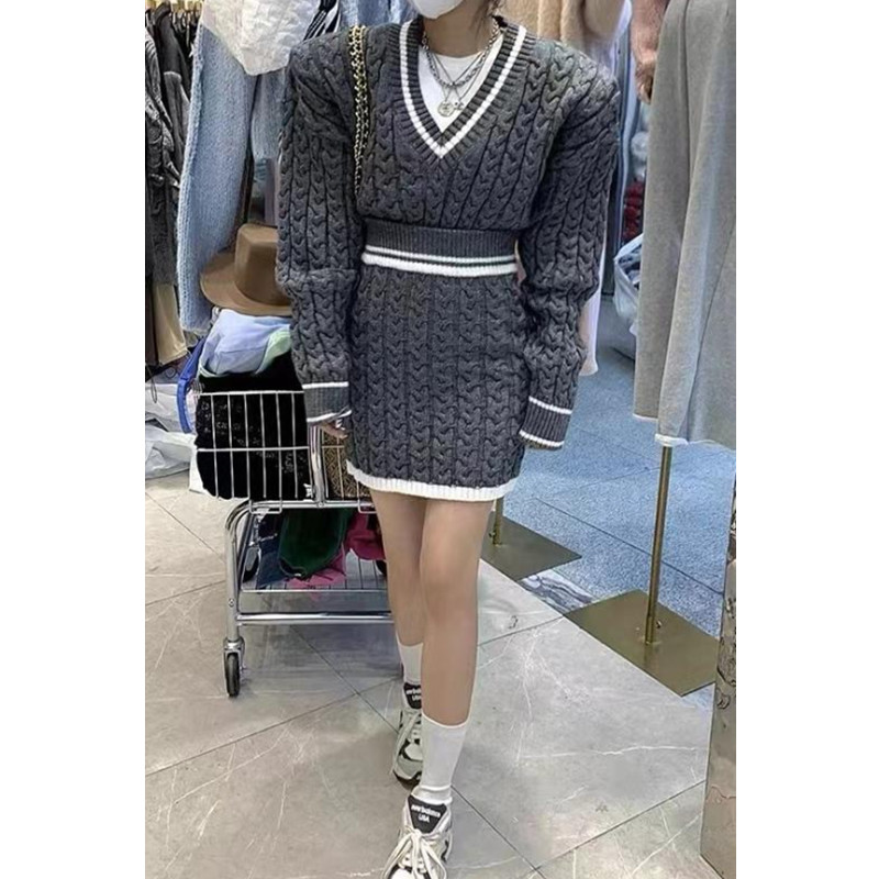 V-neck sweater high waist skirt 2pcs set for women