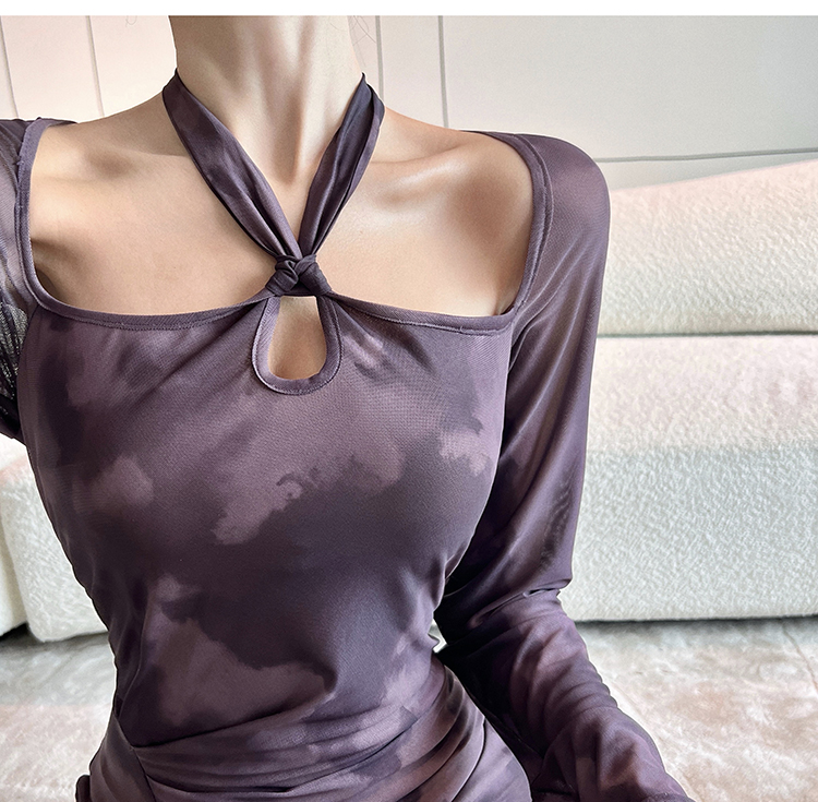 Split halter long sleeve strapless dress for women