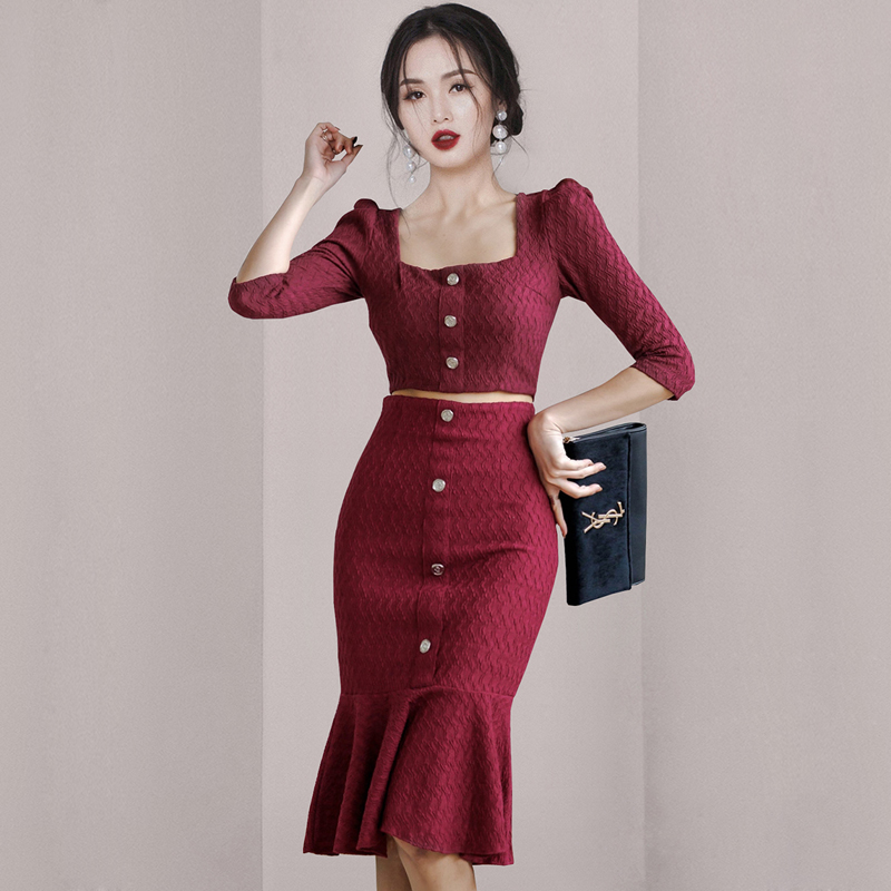 Korean style short sleeve skirt autumn tops 2pcs set