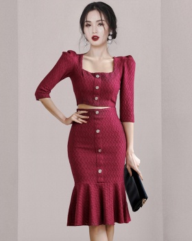 Korean style short sleeve skirt autumn tops 2pcs set