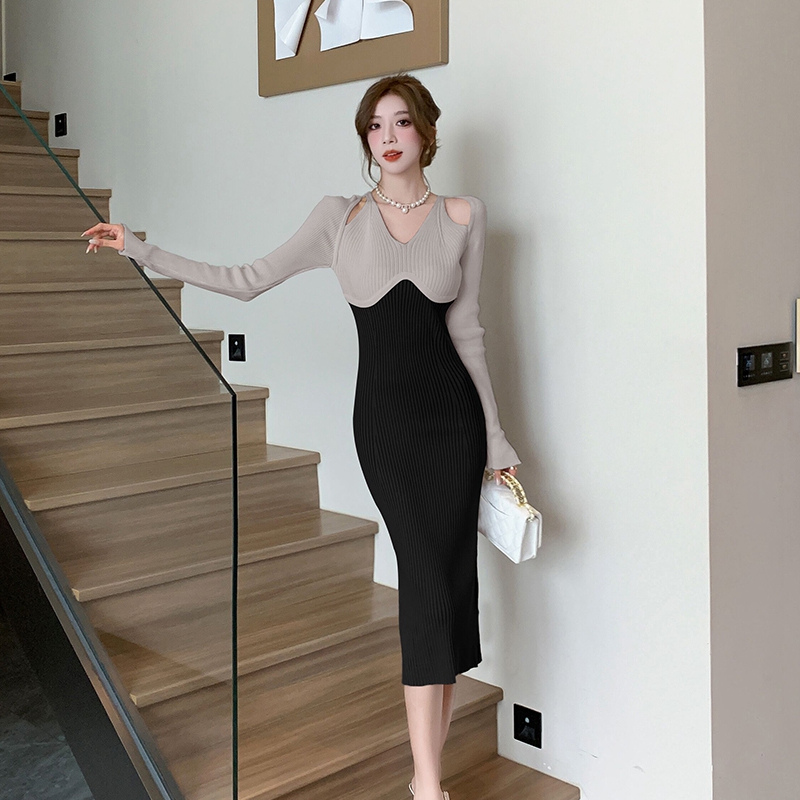 Long sleeve autumn and winter knitted slim strapless dress
