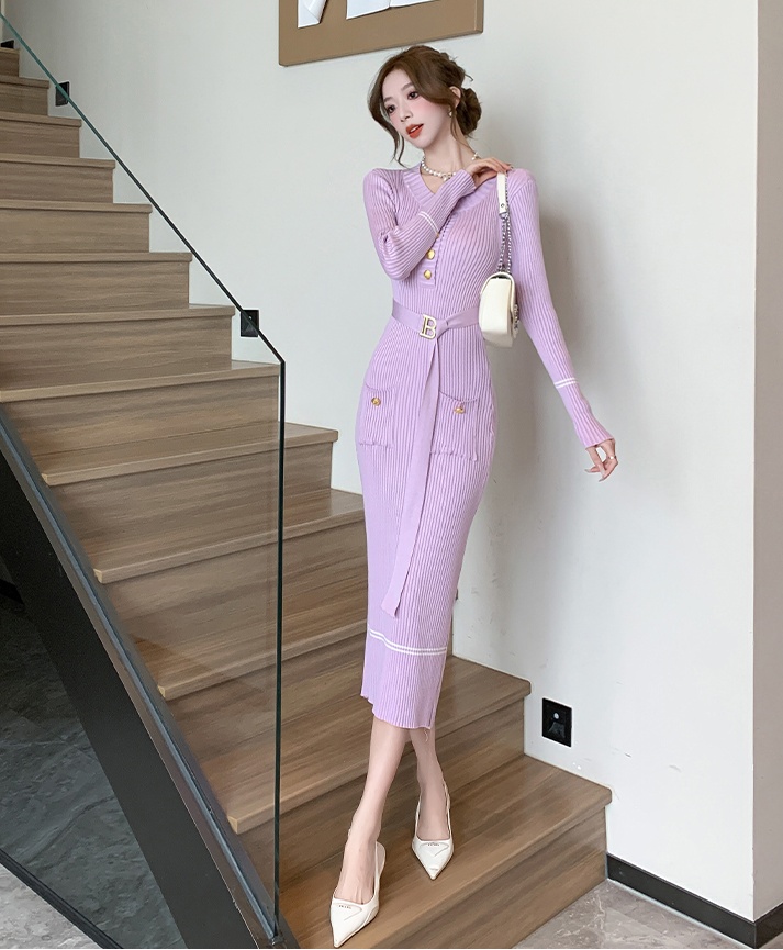 Waistband package hip dress round neck sweater for women