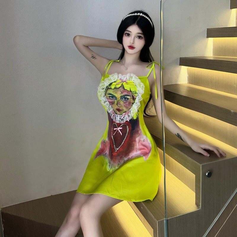 Fluorescent sling sexy lovely printing dress for women